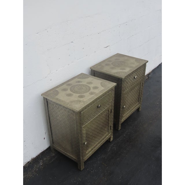 Embossed Metal Overlay End Tables Nightstands a Pair 6674 For Sale - Image 4 of 18