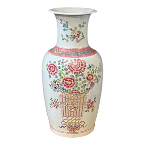 Vintage Chinoiserie Porcelain Famille Rose Style Vase 16" H