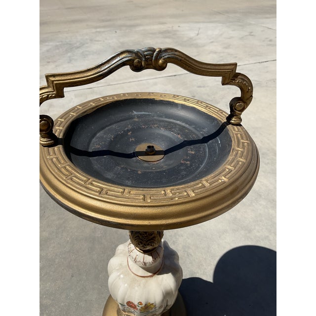 Ceramic Vintage Hollywood Regency Floral Porcelain & Brass Floor Ashtray Stand For Sale - Image 7 of 13