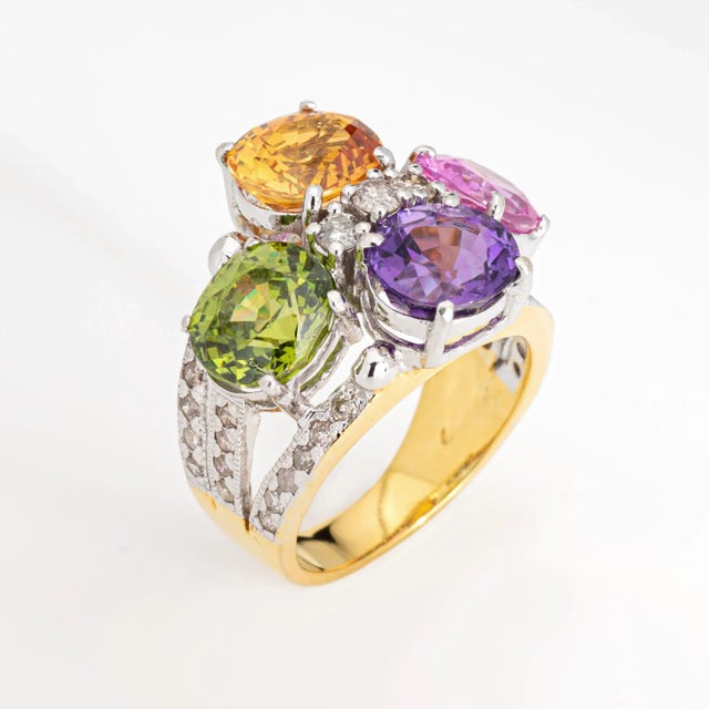 Modern Mid 20th Century Rainbow Gemstone Diamond Ring Estate 14k Yellow Gold Multi Cocktail Ring Sz 5.5 For Sale - Image 3 of 6