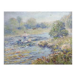 Early 20th Century Plein Air Impressionist River Landscape and Fly Fisherman Painting For Sale