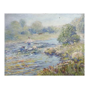 Early 20th Century Plein Air Impressionist River Landscape and Fly Fisherman Painting