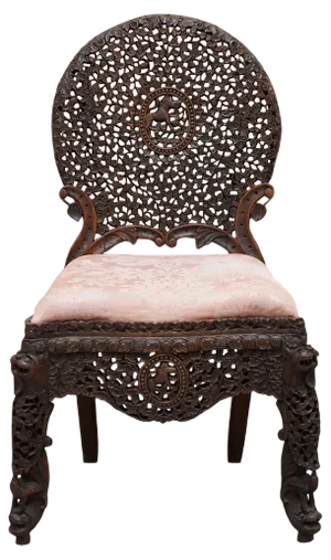Burmese Hand-Carved Hardwood Chair with Floral Details