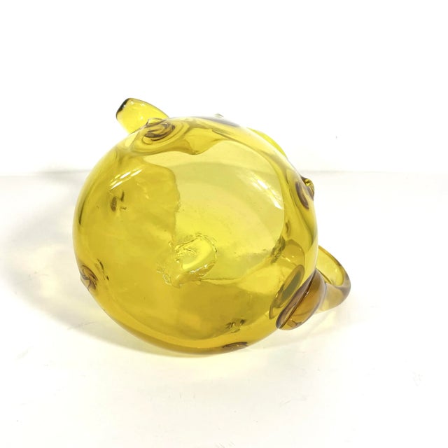 Amber Mid Century Modern Amber Art Glass Pitcher With Pinched Hand Blown Glass and a Large Lip For Sale - Image 8 of 9