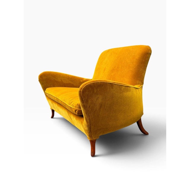 Mid-Century Modern Italian Mid-Century Modern Sculptural Wing Arm Loveseat | Restored in Saffron Velvet | C. 1950s For Sale - Image 3 of 11