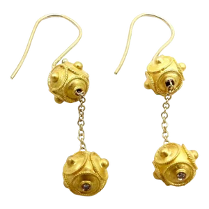18K Gold Etruscan Revival Double Ball Dangle Earrings with Diamond Accent - 2 Pieces