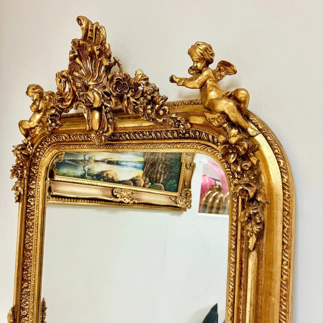 2000 - 2009 French Style Gold Floor Mirror Gold Leaf Details For Sale - Image 5 of 9