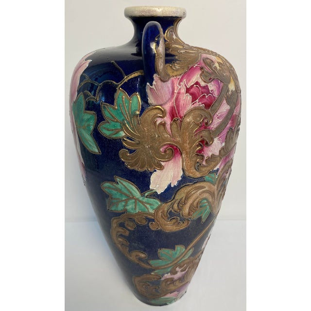 Antique Japanese Satsuma Style Moriage Cobalt Blue Floral Double Handle Vase For Sale - Image 4 of 9