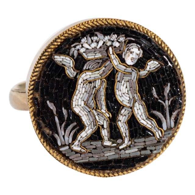 Antique Victorian Micro Mosaic Ring Cherubs 14k Yellow Gold Sz 9 Fine Jewelry For Sale