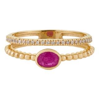 Ruby & Diamond Beaded Double Band Stacking Ring Size 6.5 Set in 14k Yellow Gold For Sale