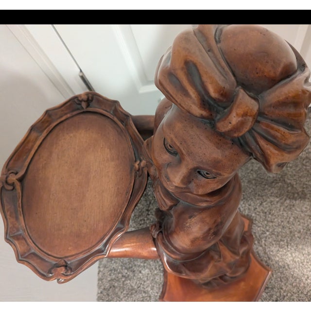 Vintage Italian Wood Carved Floor Statue Girl With Tray For Sale - Image 4 of 7