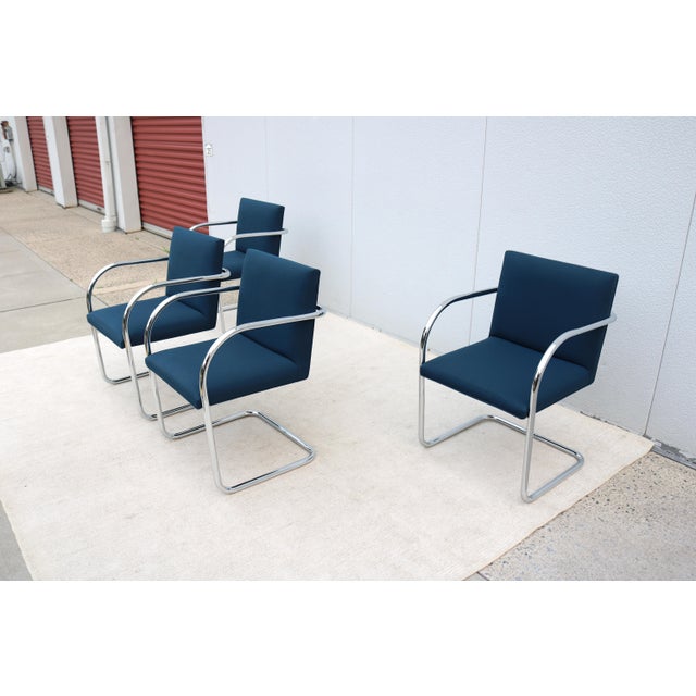 Gordon International Ludwig Mies Van Der Rohe Brno Tubular Chairs in Royal Blue Fabric by Gordon - Set of 4 For Sale - Image 4 of 18