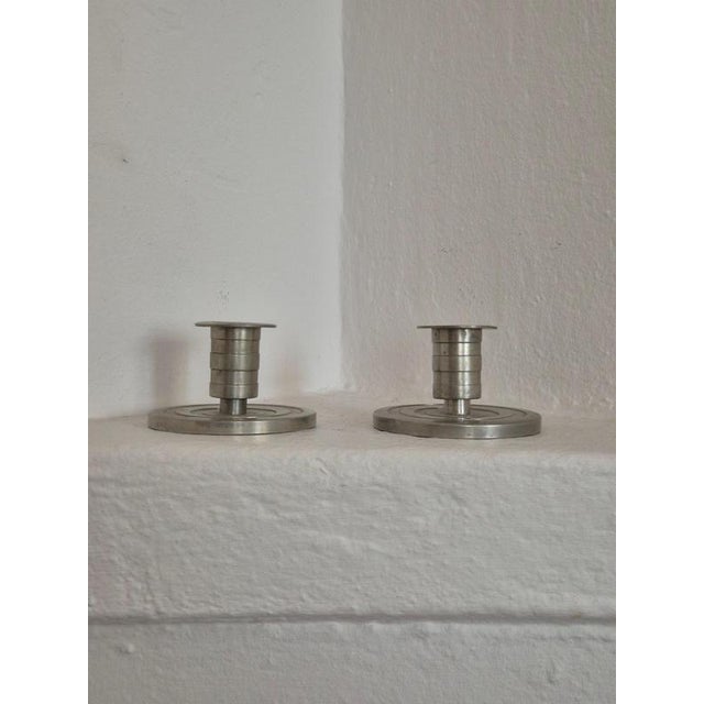 Art Deco Swedish Grace Candleholders in Pewter attributed to Sylvia Stave, 1933, Set of 2 For Sale - Image 3 of 9