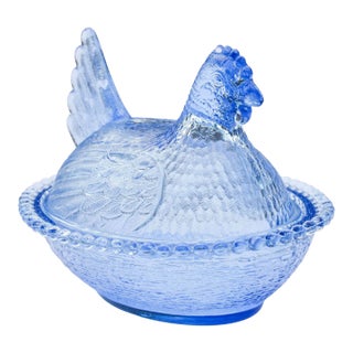 Mid 20th Century Handblown Blue Americana Glass Hen-Figurine Centerpiece For Sale