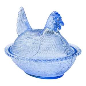 Mid 20th Century Handblown Blue Americana Glass Hen-Figurine Centerpiece