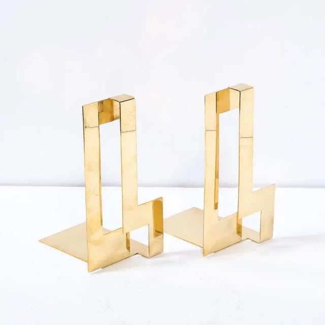 Metal Pair of Mid 20th Century Scandinavian Modernist Polished Brass Rectilinear Bookends by Skultana For Sale - Image 7 of 8