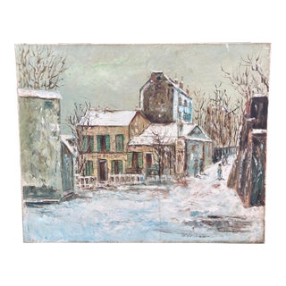 Original Oil Painting on Canvas 'Lapin Agile in Snow', Montmartre Paris Cabaret, Early-Mid 20th Century, Signed For Sale