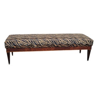 1920s English Art Deco Long Bench Coffee Table – Tiger Stripe Upholstery, Inlaid For Sale