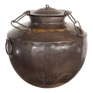 Antique Indian 19th Century Iron Lidded Water Vessel with Brass Accents