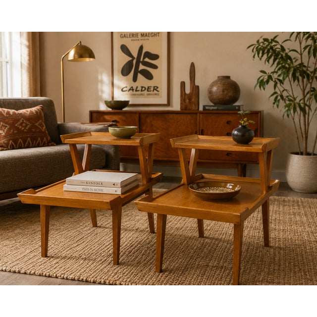 Mid-Century Modern Mid Century Modern Rare 1952 Lane Alta Vista Style No. 47 Two-Tier Oak End Tables – Pair For Sale - Image 3 of 12