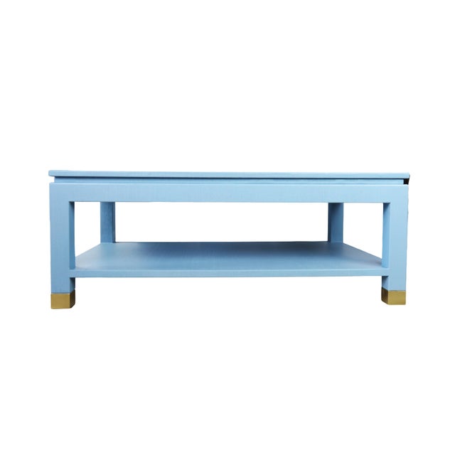 Karl Springer Style Modern Light Blue Linen-Raffia Coffee Table. With Four Brass Sabot For Sale In New York - Image 6 of 10