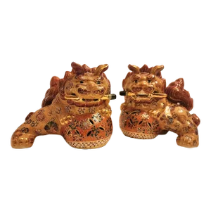 Pair of Vintage Porcelain Ceramic Foo Lions With Swords