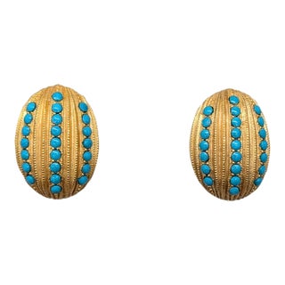 Vintage Signed Hattie Carnegie Oval Cabochon Faux-Turquoise Clip Earrings-2 Pieces For Sale