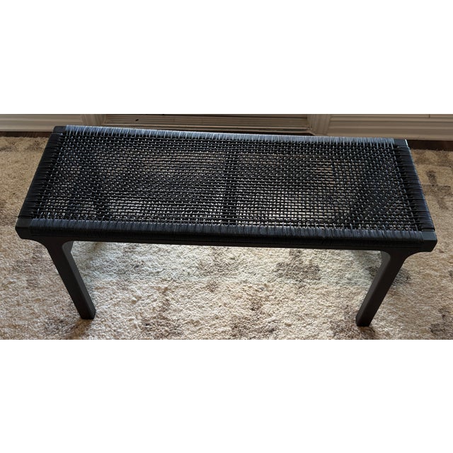 Cb2 Small Black Leather Woven Bench, Modern Matte Black Wood Frame For Sale - Image 9 of 11