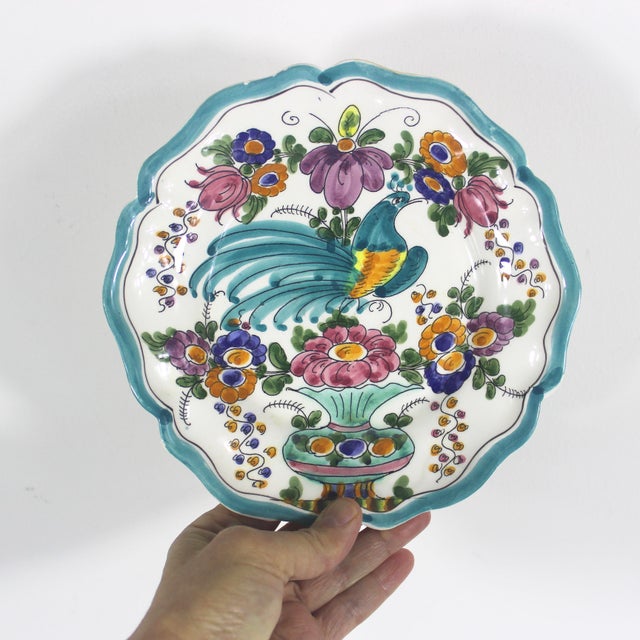 Mediterranean Small Vintage Hand Painted Ceramic Wall Plate, Hand Painted Floral Flowers and Bird Wall Art, Ethnic, Bohemian a.m. Skyros Signed For Sale - Image 3 of 6