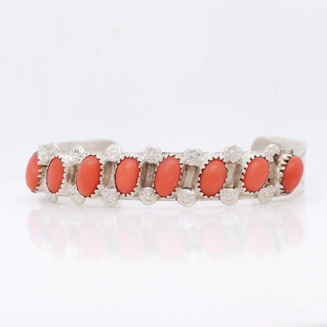 Metal Signed Pd Coonsis Zuni Silver & Coral Cabochon Cuff Bracelet For Sale - Image 7 of 12