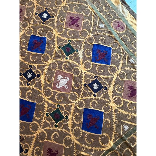 Gold Lattice Cotton Suzani With Blue Diamond Motifs For Sale In New York - Image 6 of 10