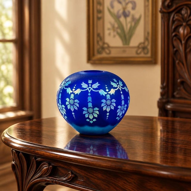 1980s Fenton Favrene Satin Sunflower Blue Art Glass-Etched-Cobalt Vase, Limited Edition For Sale - Image 6 of 11