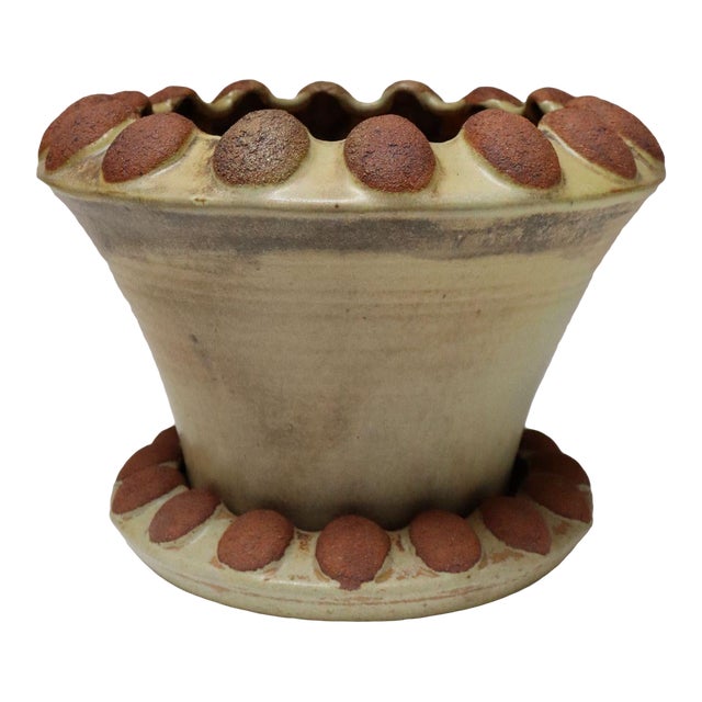 Large Mid-Century Modern Glazed Terracotta Planter With Saucer by Deanna Nichols For Sale