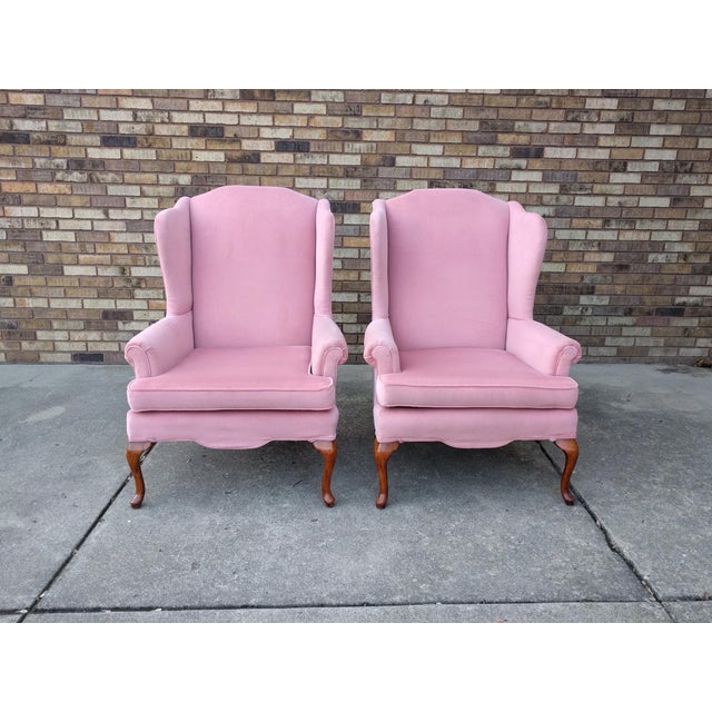 Vintage Queen Anne Pink Velvet Wingback Chairs by Sam Moore Furniture