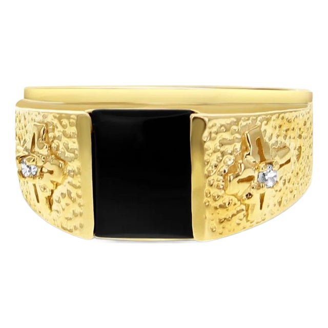 Onyx Diamond Signet with Cross Symbol, Size 11 For Sale