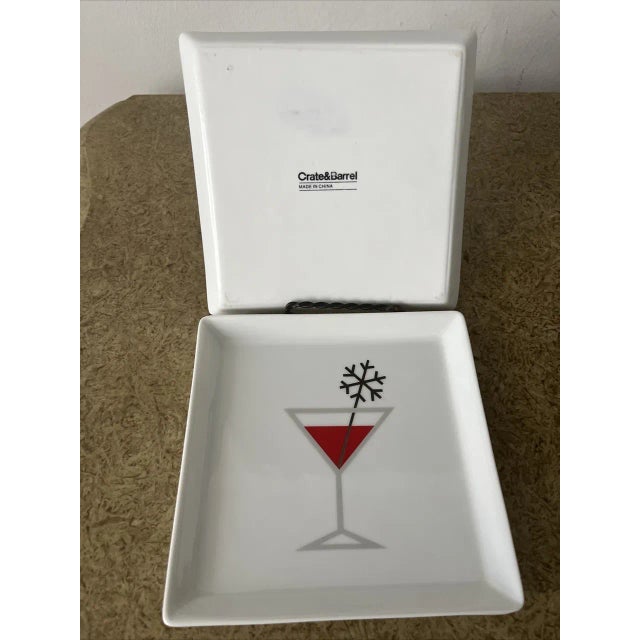 Crate & Barrel Vintage Crate & Barrel Jack Frost Martini Holiday Appetizer Square Plates Set of 3 For Sale - Image 4 of 4