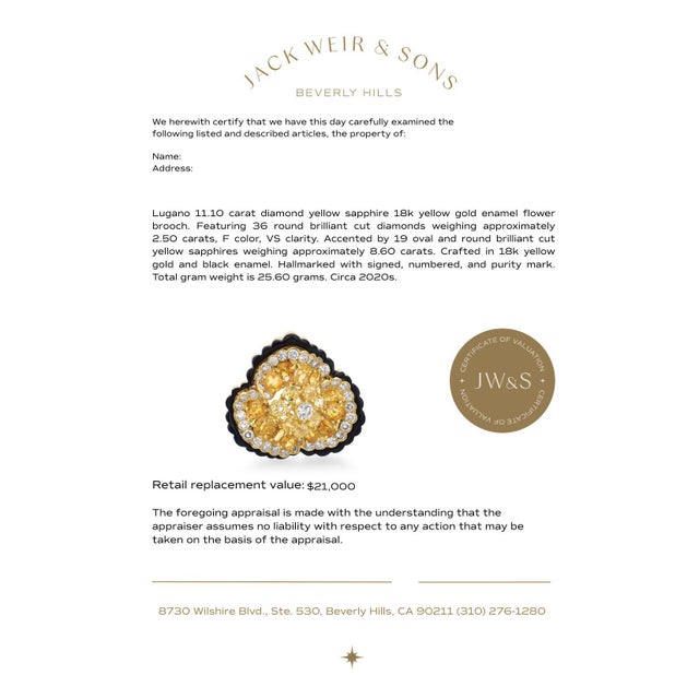 Metal Mid 20th Century Lugano 11.10 Carat Diamond Yellow Sapphire 18k Yellow Gold Enamel Flower Brooch For Sale - Image 7 of 7