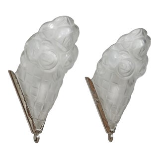 1930s Hubens & Degue French Art Deco Rose Slip Shade Wall Sconces - A Pair For Sale