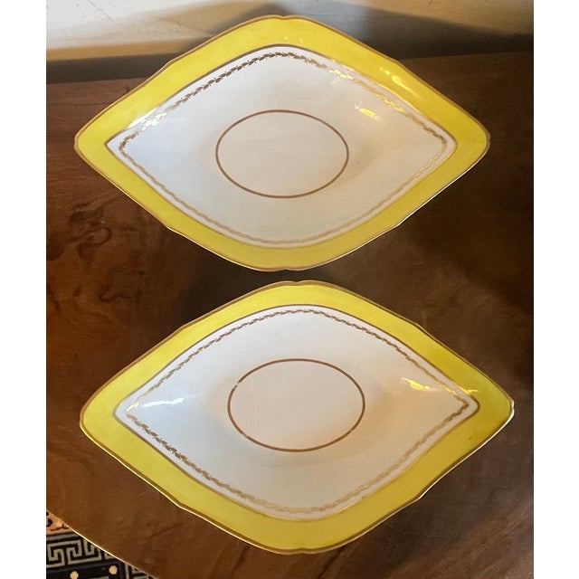 Large Antique Early 19th Century English George III Derby Porcelain Navette Shape Dishes With Yellow Border Circa 1800 - A Pair For Sale - Image 13 of 13