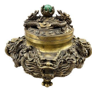Ornate Mid 20th Century Cast Brass Chinese Incense Burner Censer With Dragons and Fu Dogs and Green Stone Finial For Sale