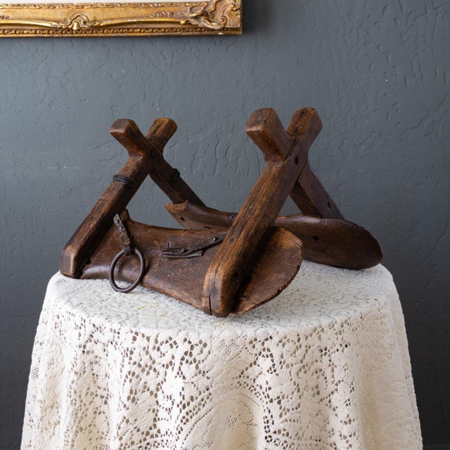 Primitive Wooden Pack Saddle With Leather Straps and Iron Rings For Sale - Image 10 of 16