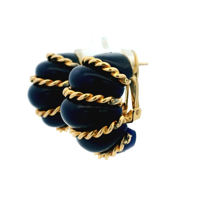 1960 Estate Blue Agate & 14k Gold Ribbed Earrings For Sale - Image 11 of 14