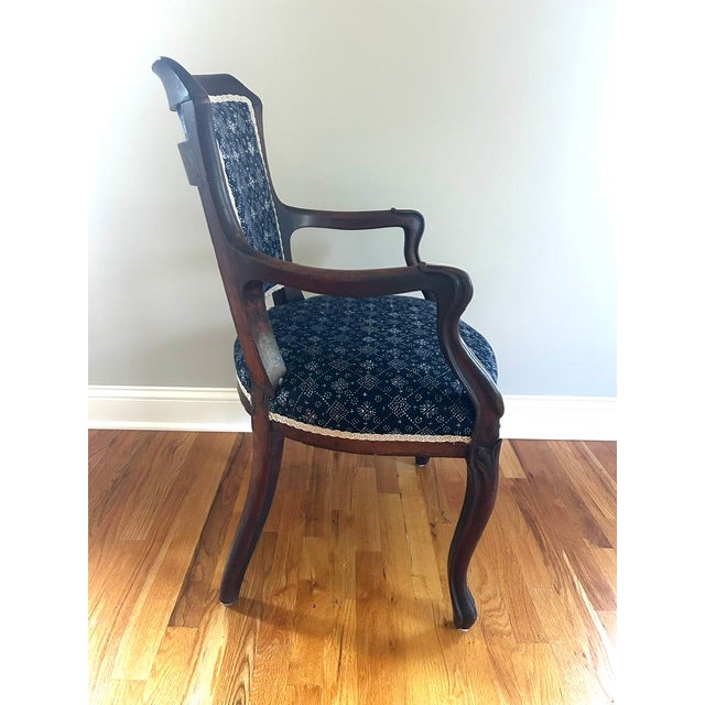English Antique Blue and White Batik Upholstered English Wood Accent Chair For Sale - Image 3 of 16