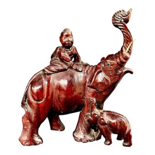 Vintage Rosewood Elephant Carving – Asian Hand-Carved Figurine – Lucky Elephant With Calf & Child For Sale
