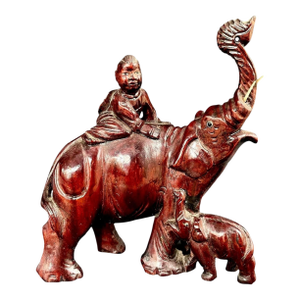 Vintage Rosewood Elephant Carving – Asian Hand-Carved Figurine – Lucky Elephant With Calf & Child