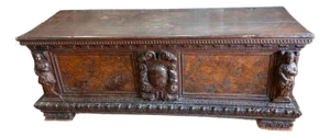 17th Century Italian Baroque Walnut Cassone Chest With Crest and Burl Panels