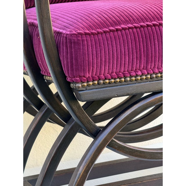Side Chair: Vintage Occasional Chair: Ebonized Wood W/New Upholstery. Savonarola Style, on Castors, Textile: Performance Magenta Corduroy Velvet. For Sale In Los Angeles - Image 6 of 11