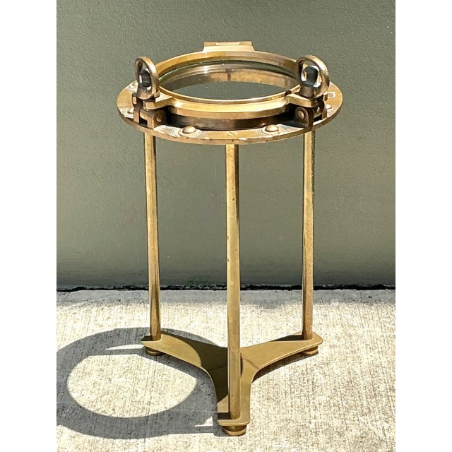Hollywood Regency Vintage Brass and Glass Porthole Accent Table For Sale - Image 3 of 13