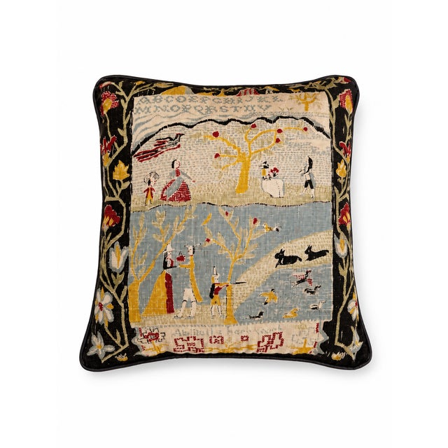 Chestnut Vintage 1950s Americana Folk Art Sampler Print Pillow With Hunting Scene For Sale - Image 8 of 8