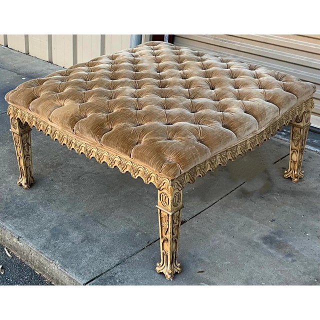 Rococo 1970s Venetian Style Heavily Carved Tufted Velvet Ottoman / Coffee Table For Sale - Image 3 of 4